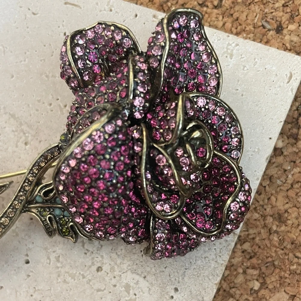 Heidi Daus Pink and Green Rose Brooch